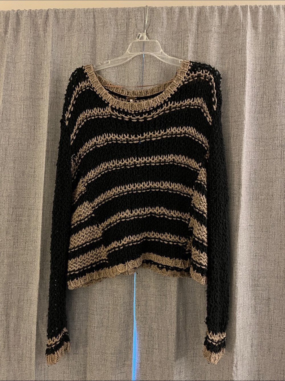 Free People Black and Tan Open-Knit Striped Crew Sweater